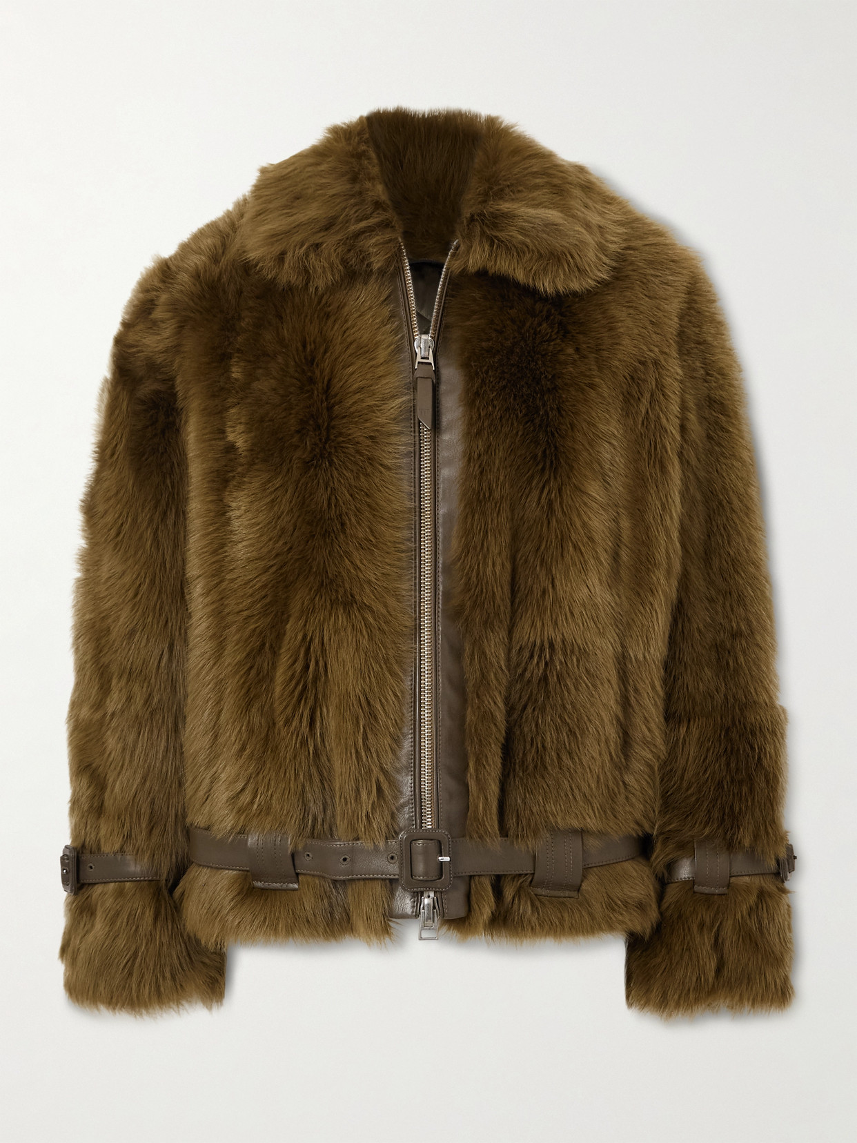 Tom Ford Belted Padded Shearling Jacket In Green
