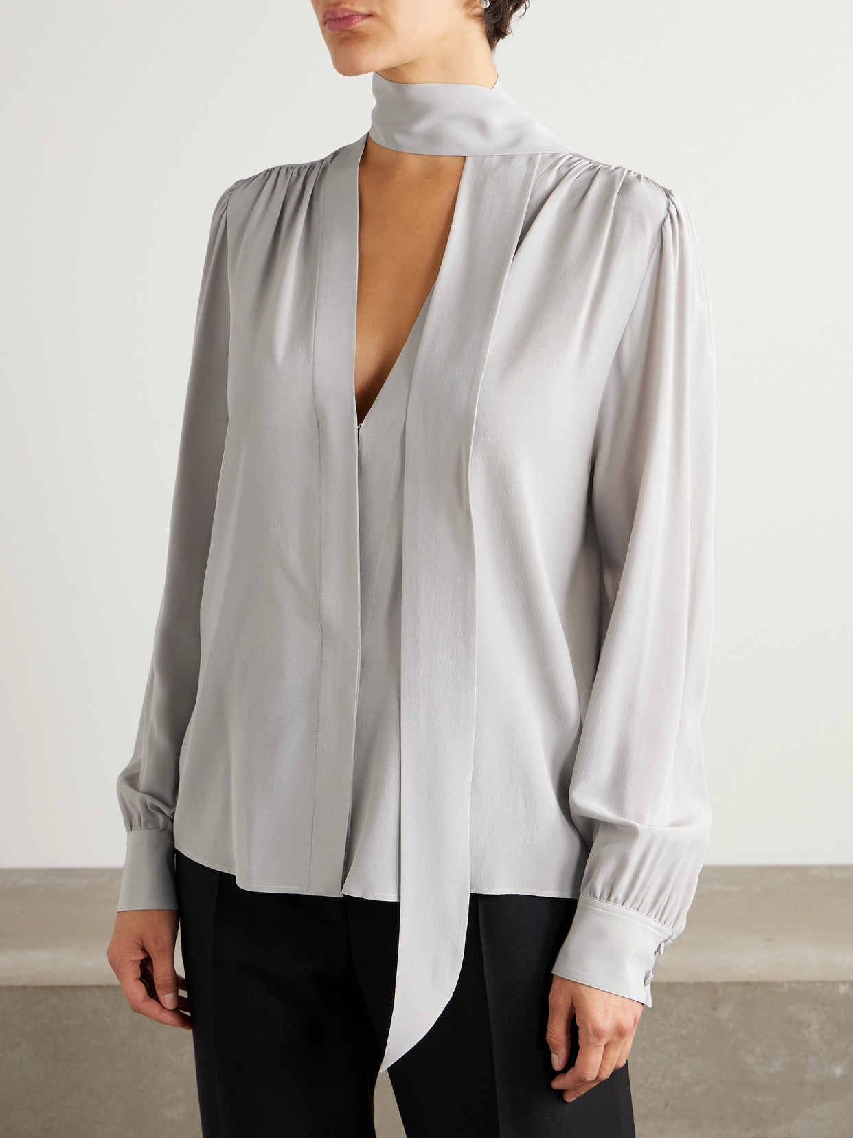 Tom Ford Tie-neck Silk Crepe De Chine Blouse In Silver