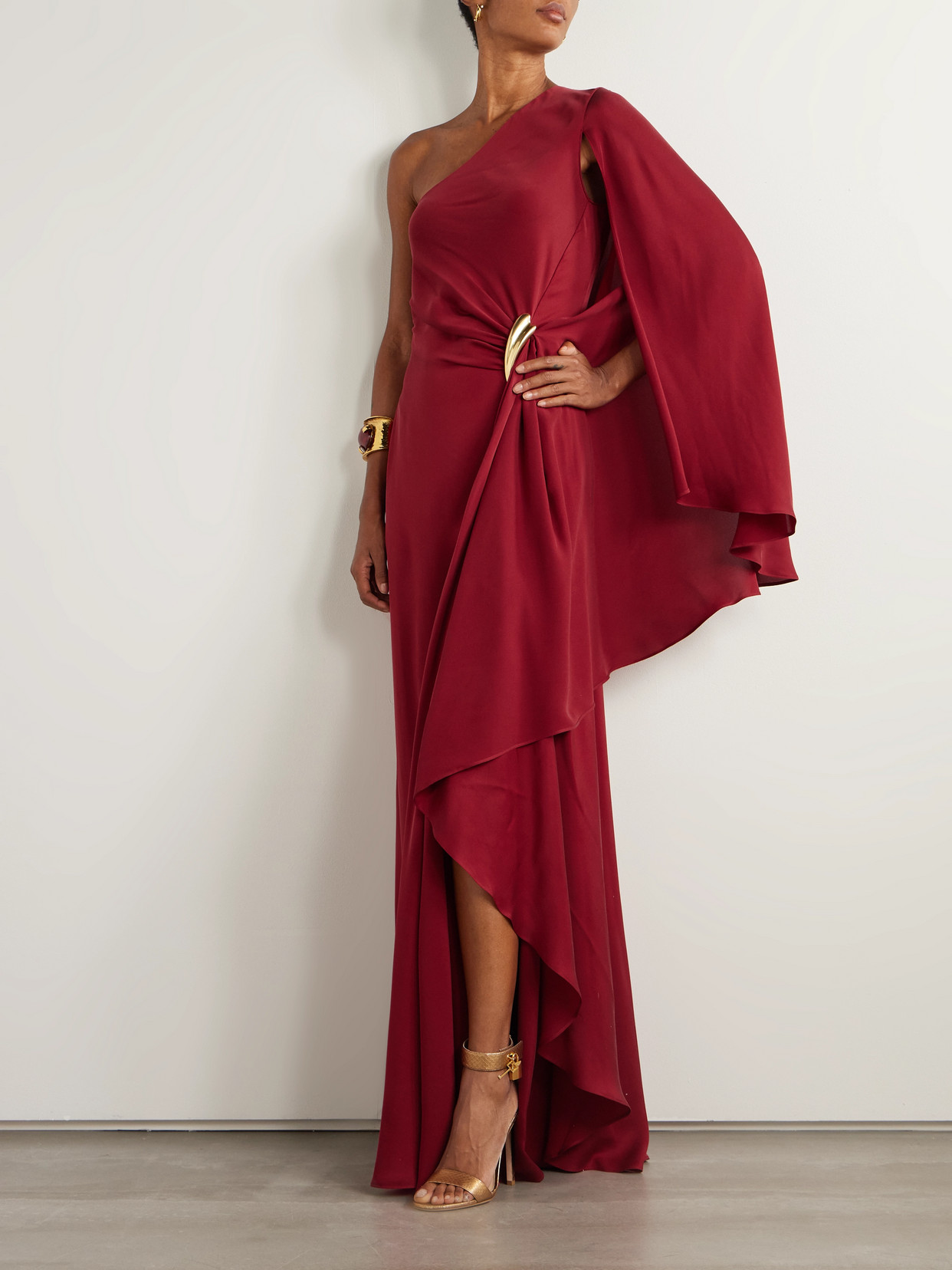 Tom Ford Embellished One-sleeve Draped Silk-crepe Gown In Burgundy