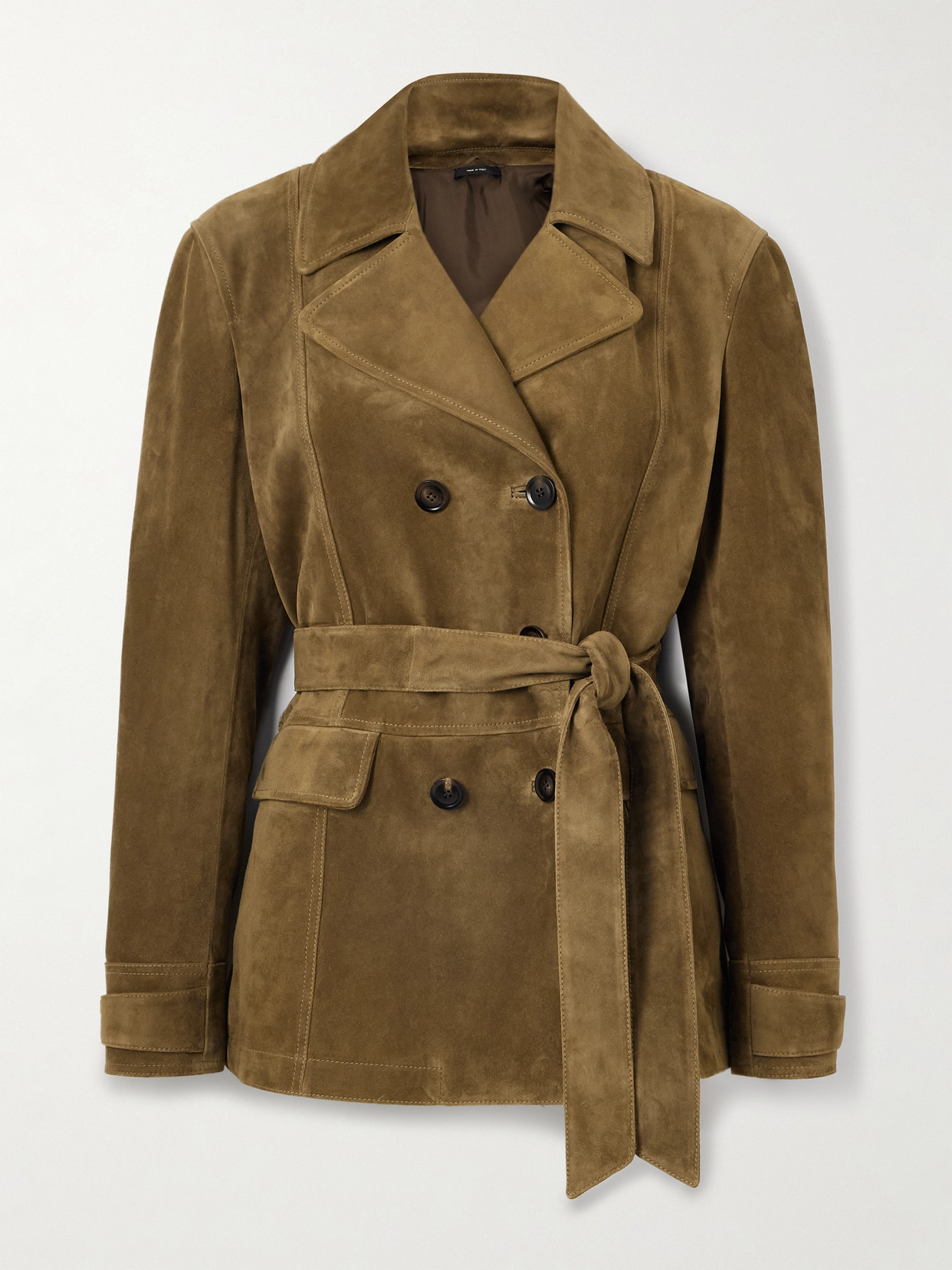 Tom Ford Belted Double-breasted Suede Jacket In Brown