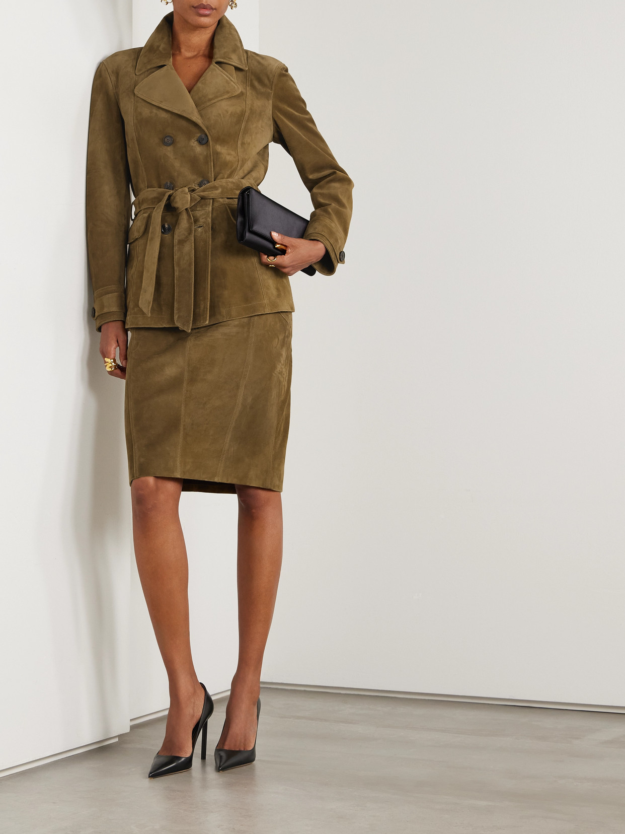 Tom Ford Belted Double-breasted Suede Jacket In Brown