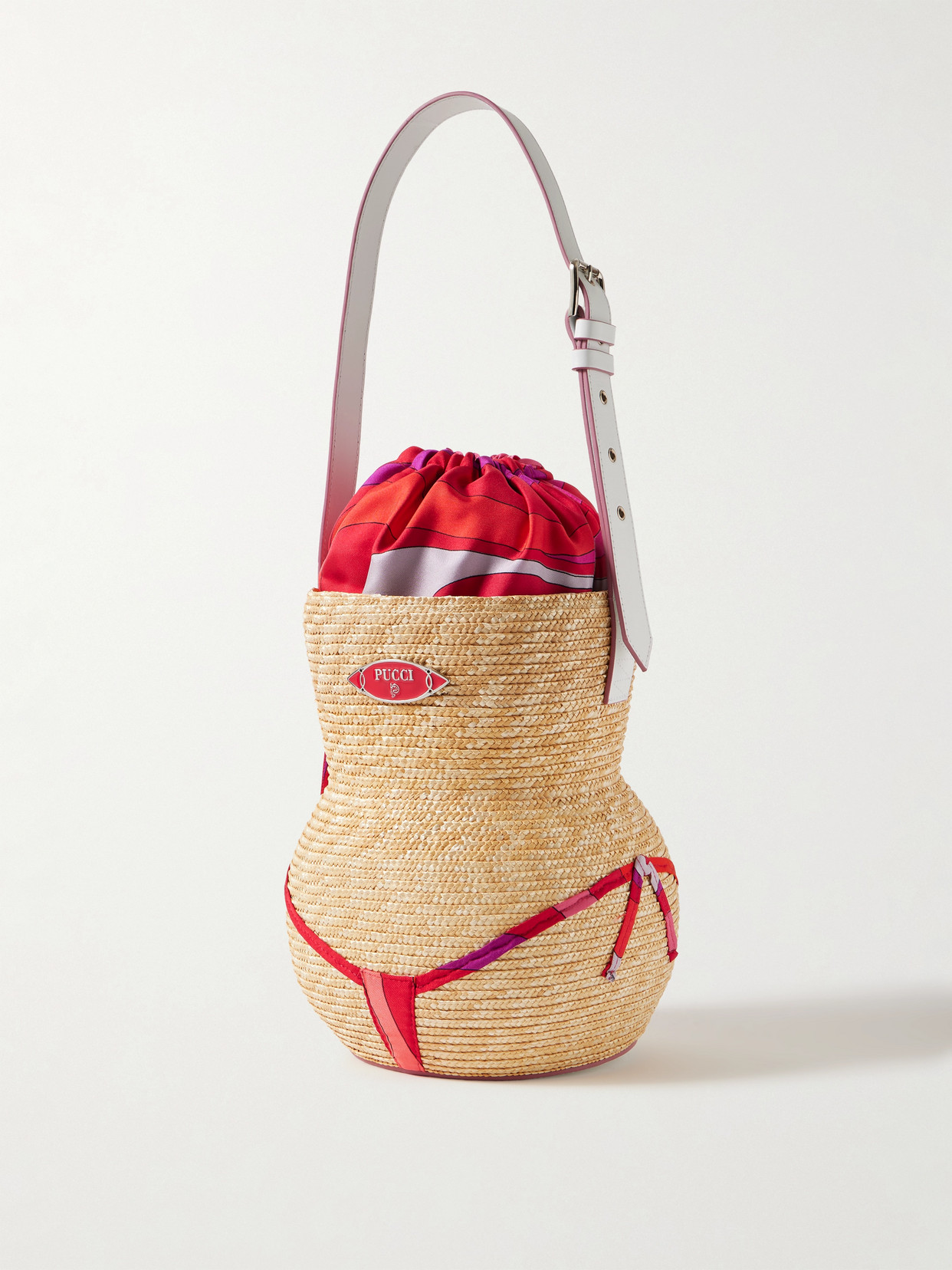 Pucci Nella Leather-trimmed Raffia And Printed Satin-twill Tote