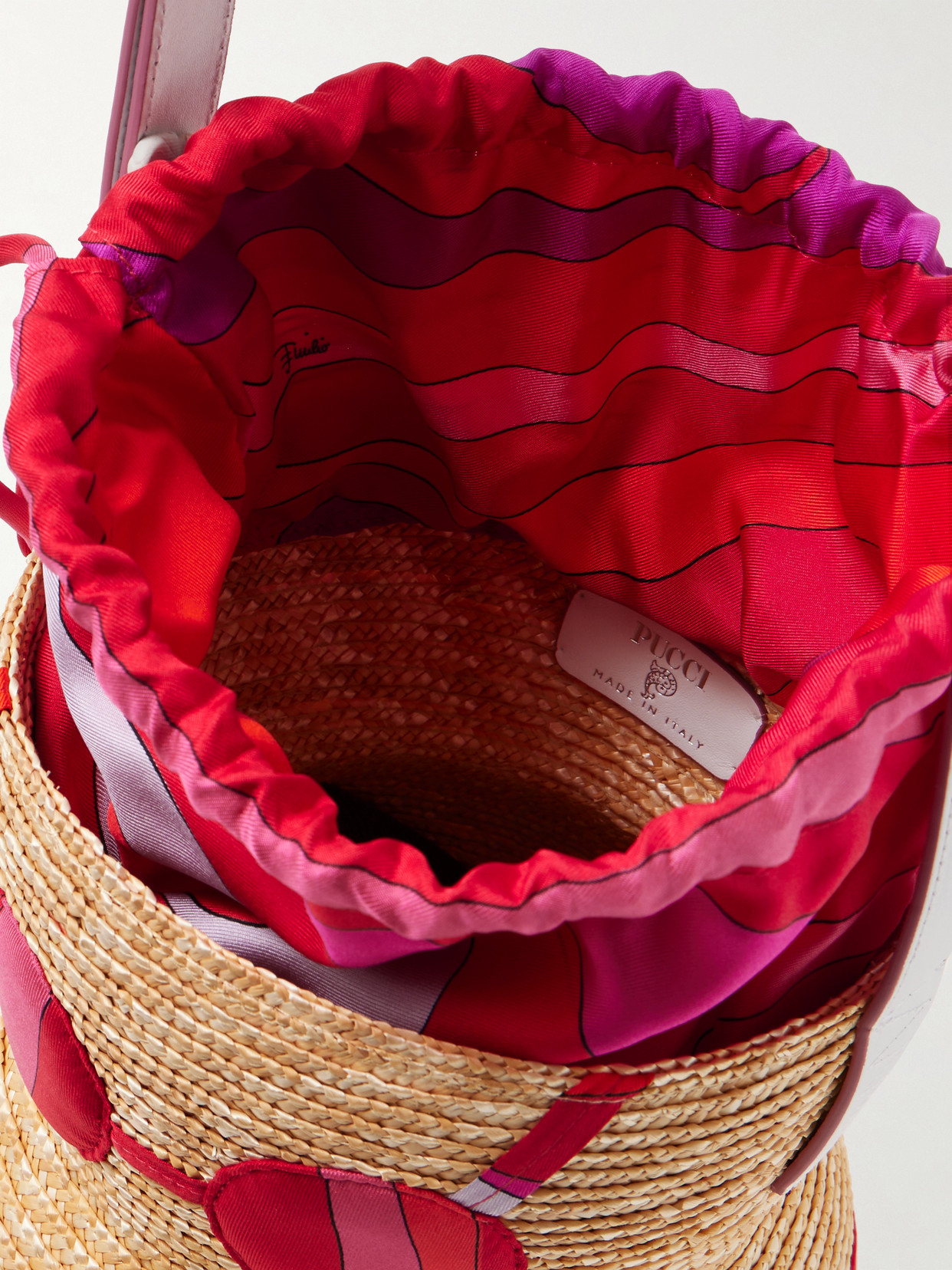 Pucci Nella Leather-trimmed Raffia And Printed Satin-twill Tote