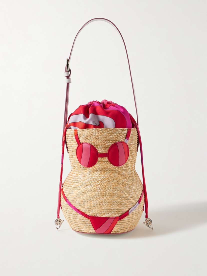 PUCCI Puccinella Leather-trimmed Raffia And Printed Satin-twill Tote