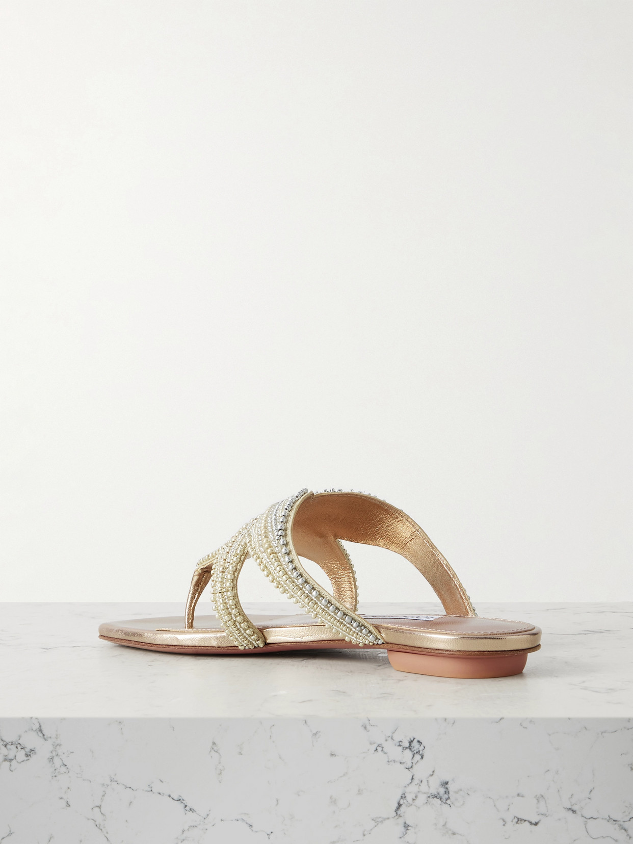 Aquazzura Reef Star Bead-embellished Metallic Leather Sandals In Neutrals