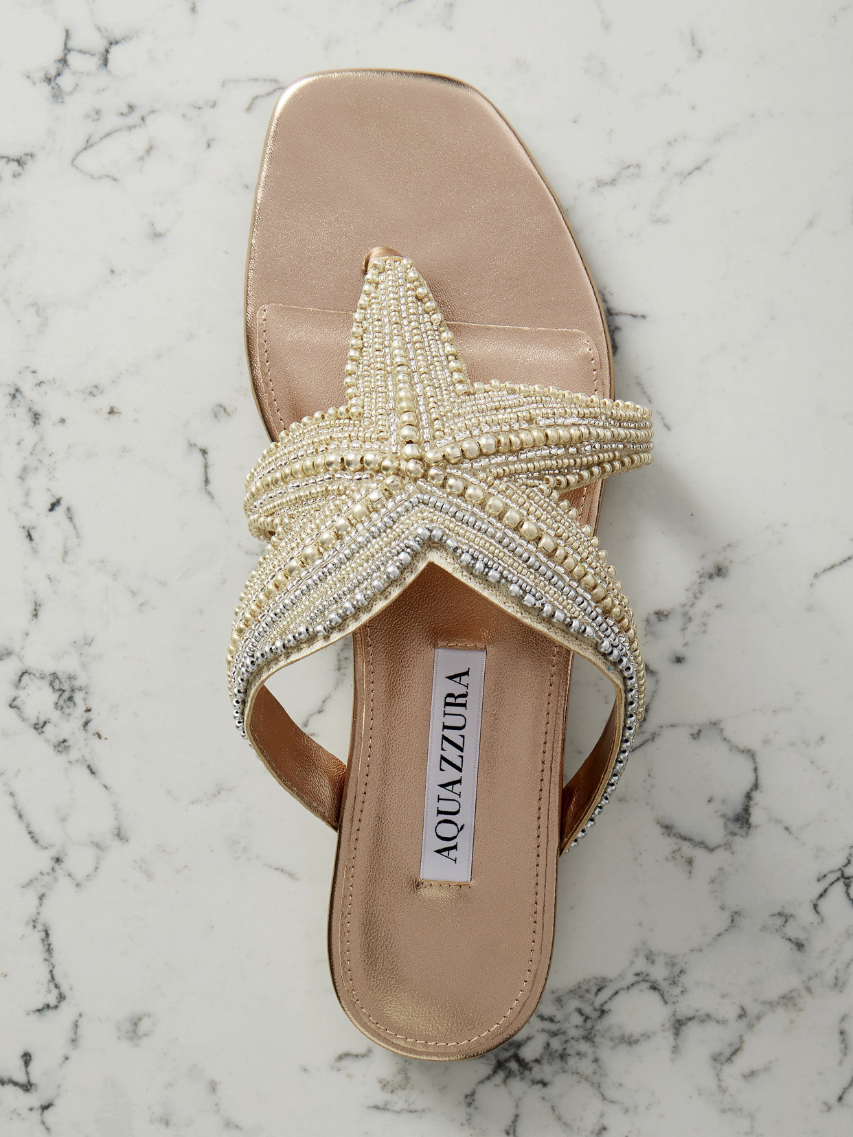 Aquazzura Reef Star Bead-embellished Metallic Leather Sandals In Neutrals