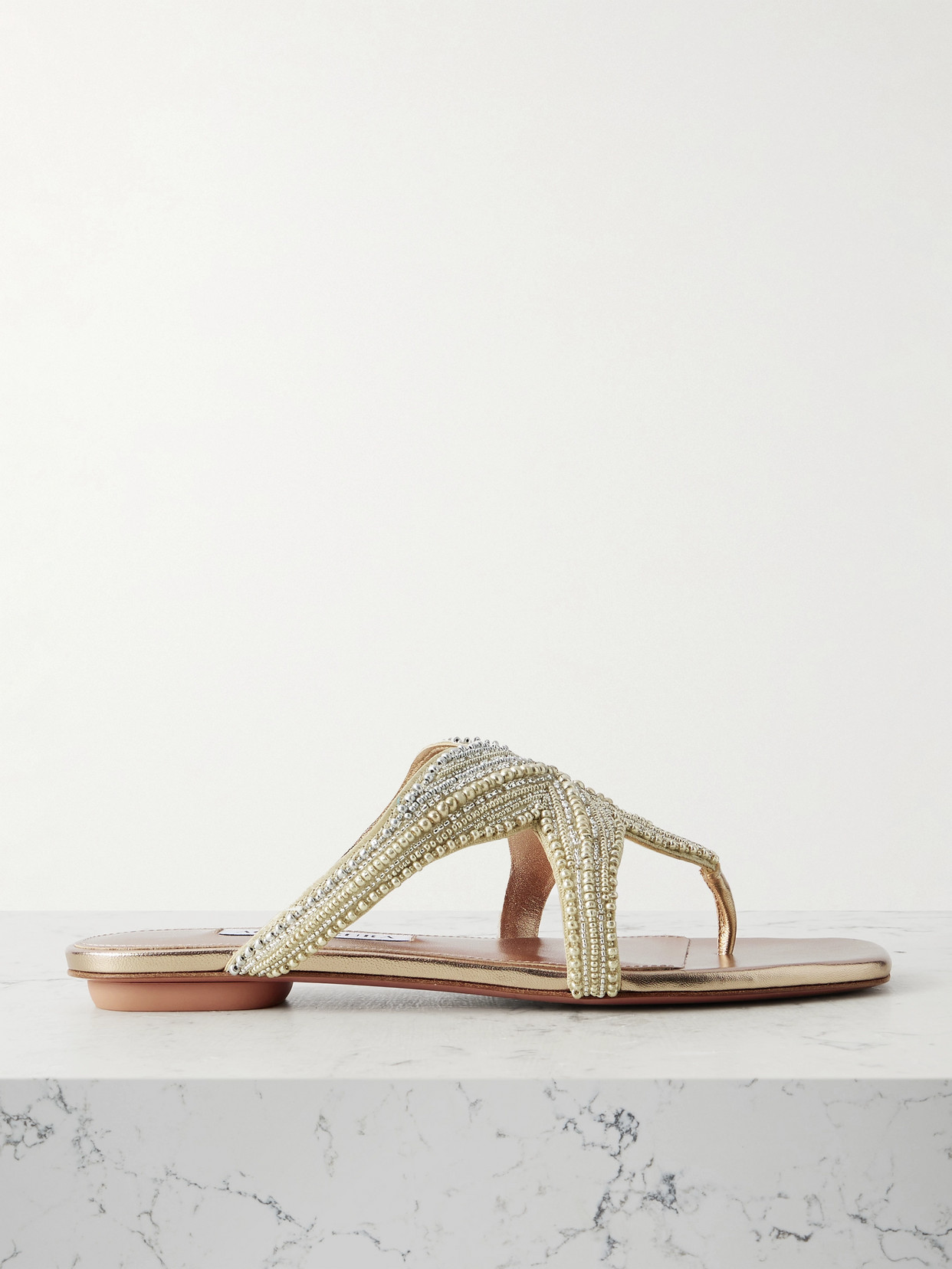 Aquazzura Reef Star Bead-embellished Metallic Leather Sandals In Neutrals