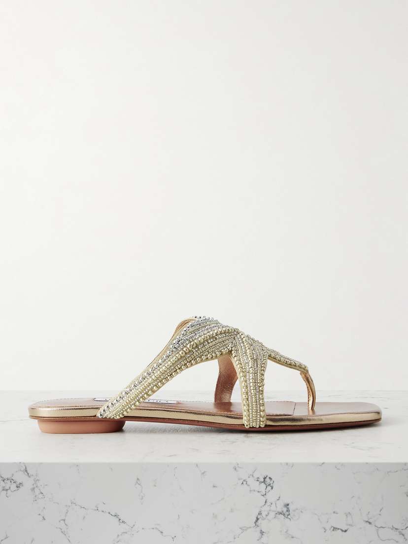 Aquazzura Reef Star Bead-embellished Metallic Leather Sandals
