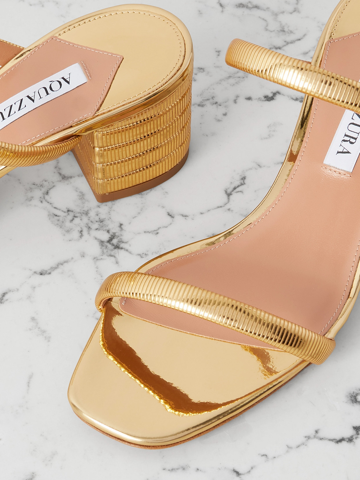Aquazzura Riviera Chain 50 Textured Mirrored-leather Mules In Gold