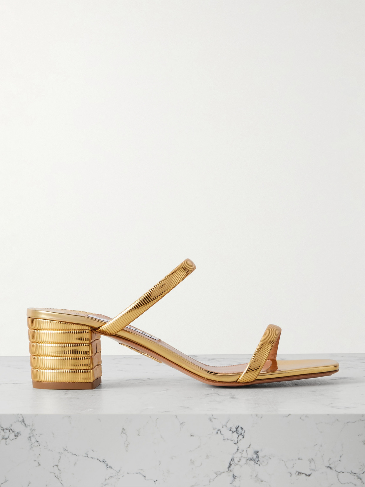Aquazzura Riviera Chain 50 Textured Mirrored-leather Mules In Gold
