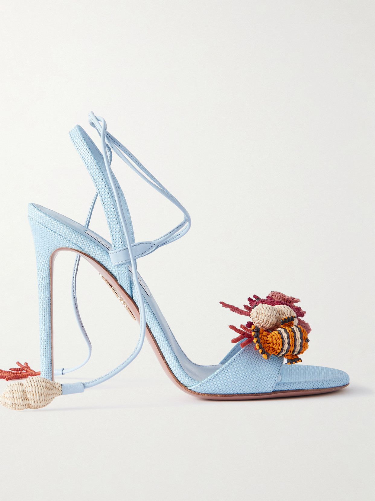 Aquazzura Marea 105 Leather-trimmed Embellished Raffia Sandals In Blue