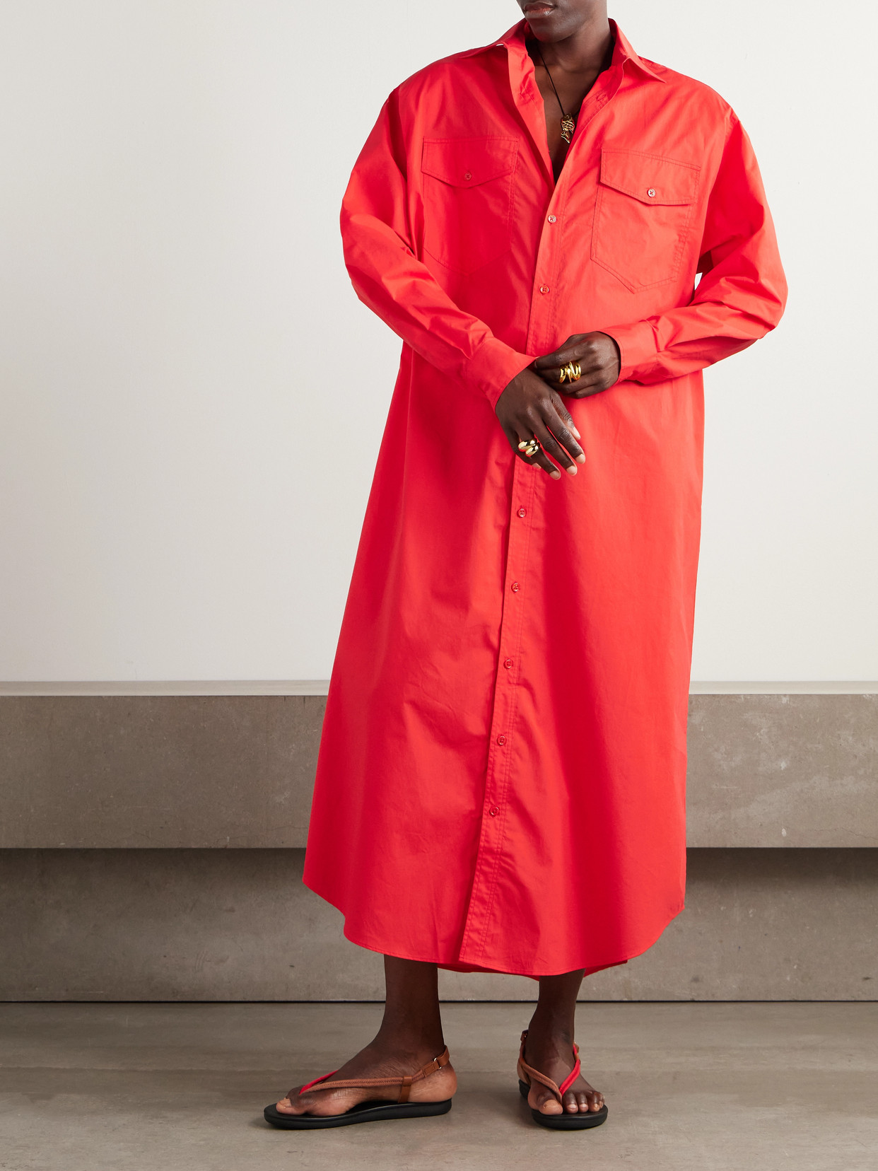 The Frankie Shop Calren Oversized Cotton-poplin Maxi Shirt Dress In Red