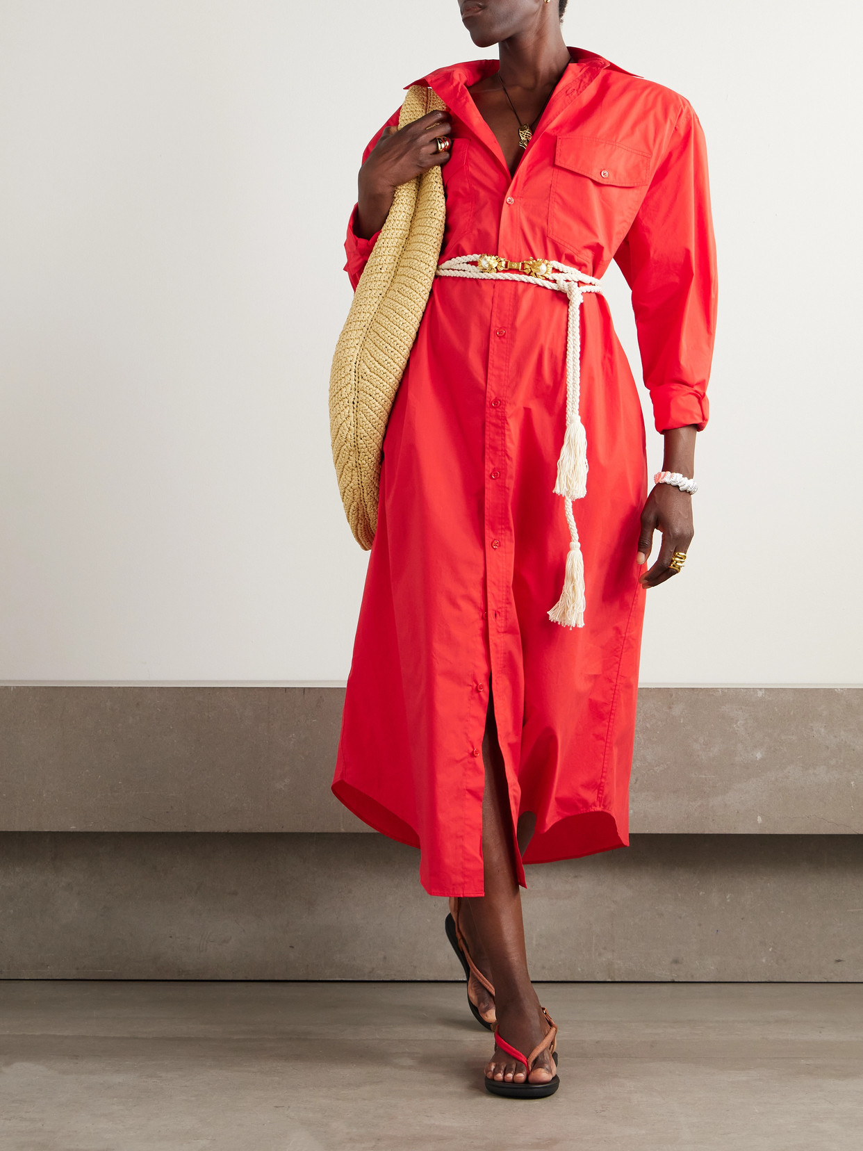 The Frankie Shop Calren Oversized Cotton-poplin Maxi Shirt Dress In Red