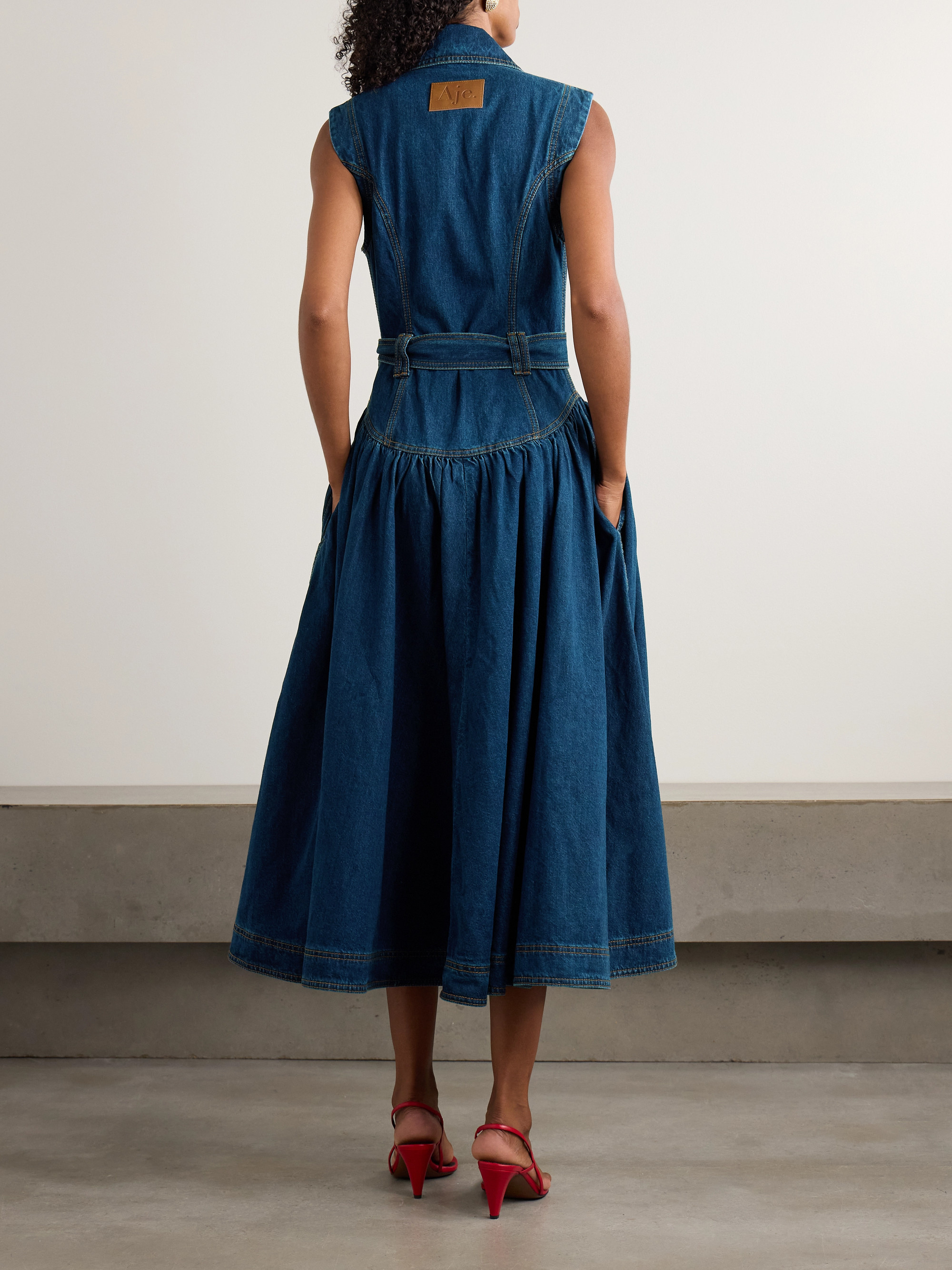 Aje Elena belted gathered denim midi dress
