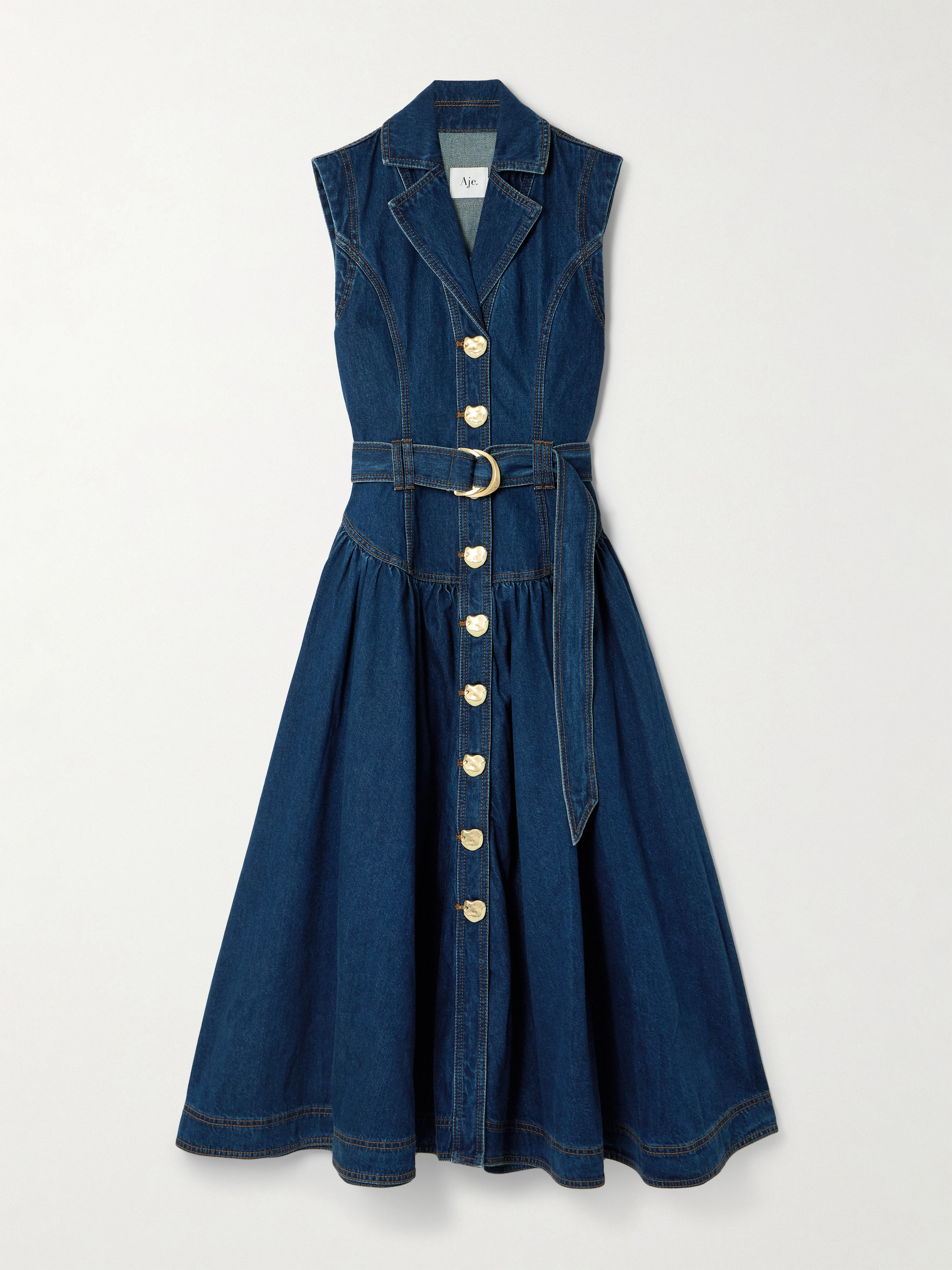 Aje Elena belted gathered denim midi dress
