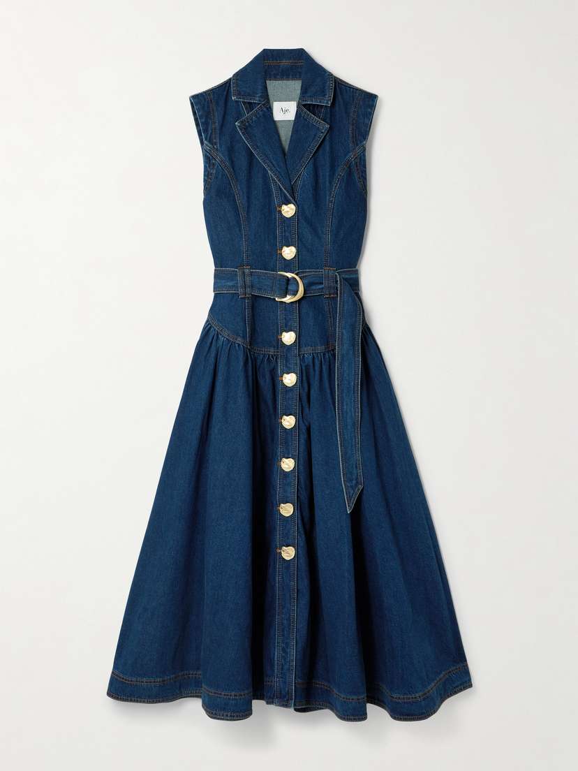 Aje Elena Belted Gathered Denim Midi Dress