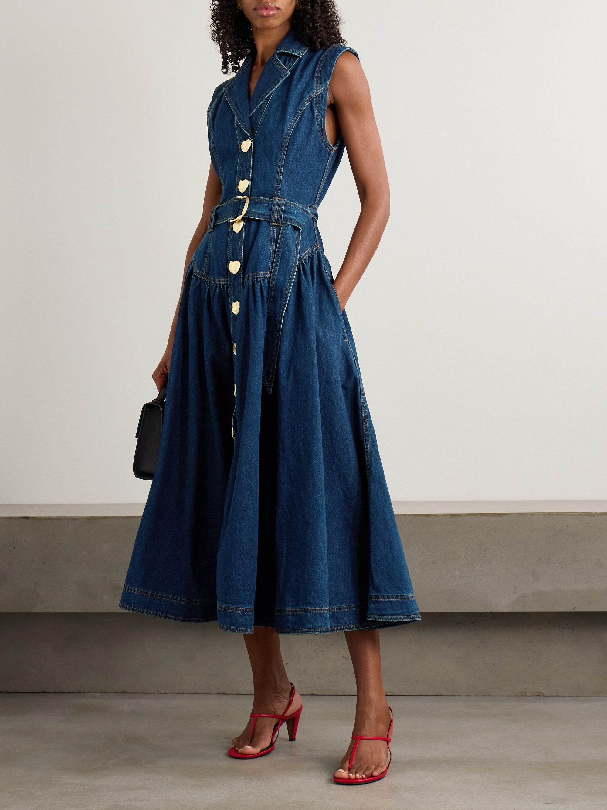 Aje Elena belted gathered denim midi dress