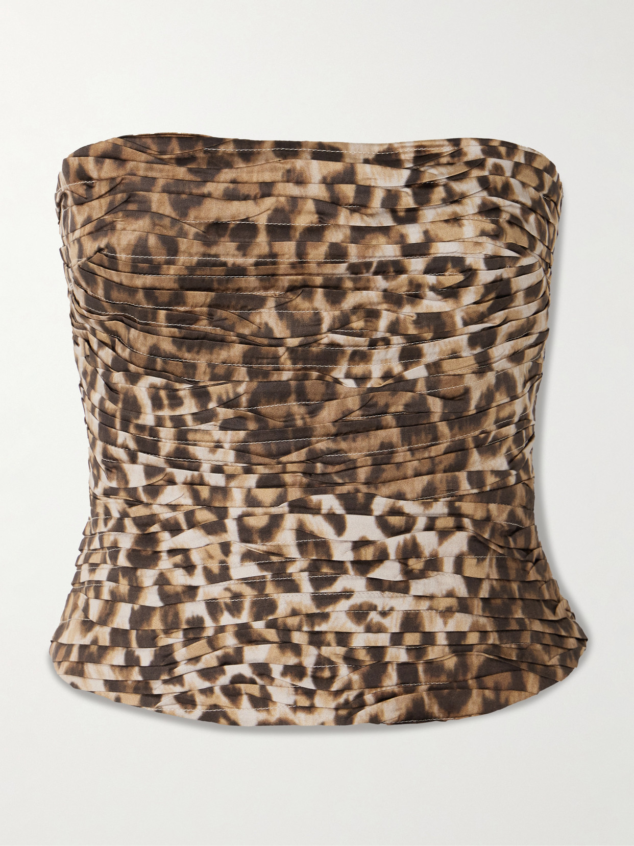 Aje Sunbeam Strapless Ruched Leopard-print Cotton-poplin Top In Brown