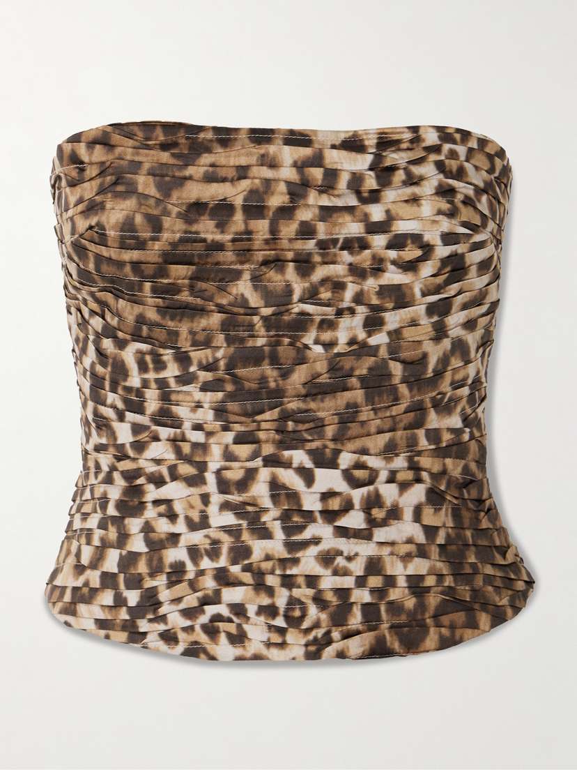 Aje Sunbeam Strapless Ruched Leopard-print Cotton-poplin Top