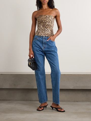 Aje Sunbeam strapless ruched leopard-print cotton-poplin top