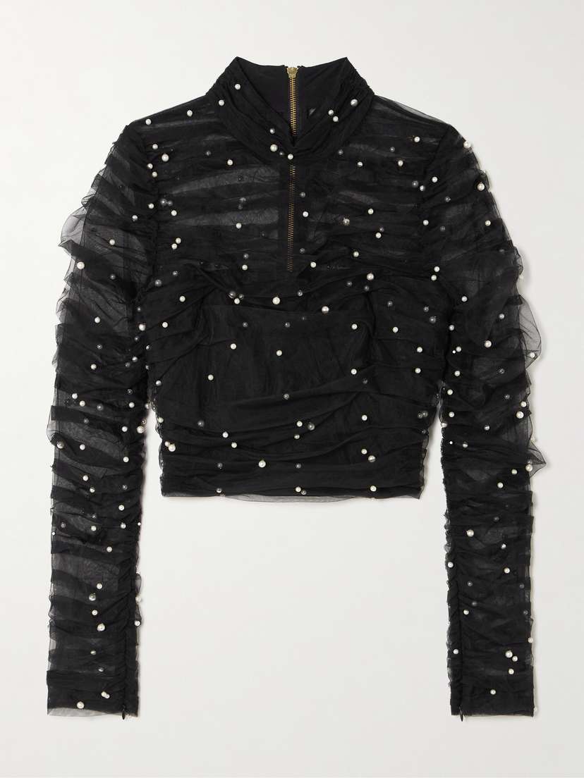 Aje Juniper Embellished Gathered Tulle Blouse