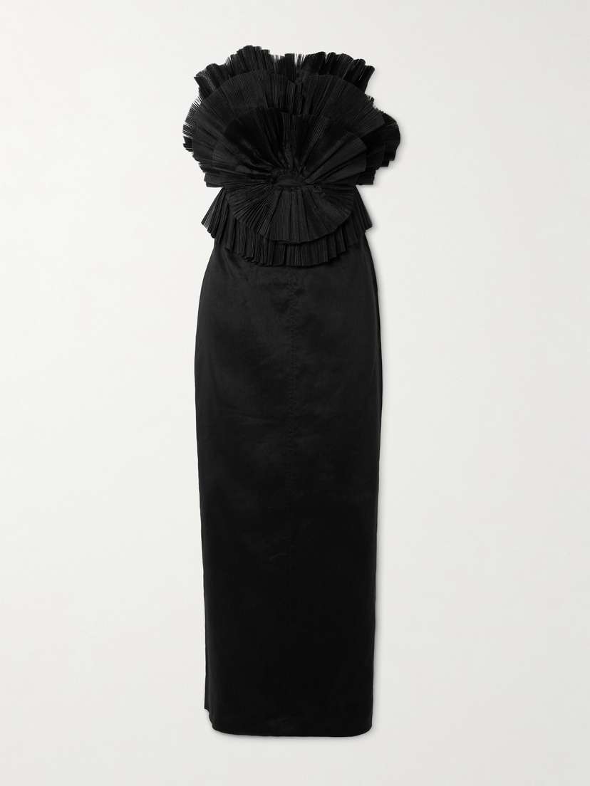 Aje Kira Strapless Linen-blend And Ruffled Plissé-cotton Maxi Dress