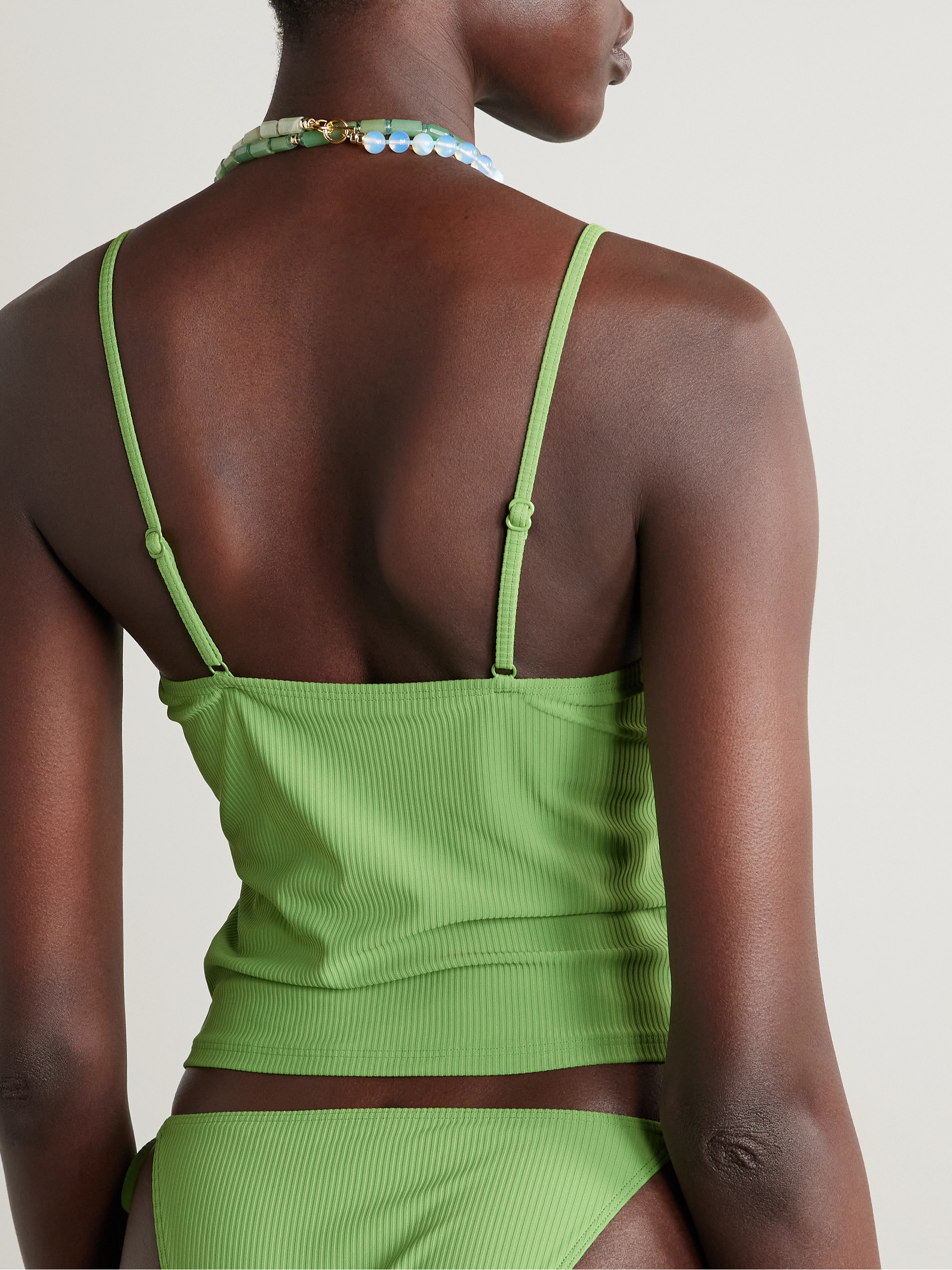 Staud Cleo bead-embellished ribbed bikini top