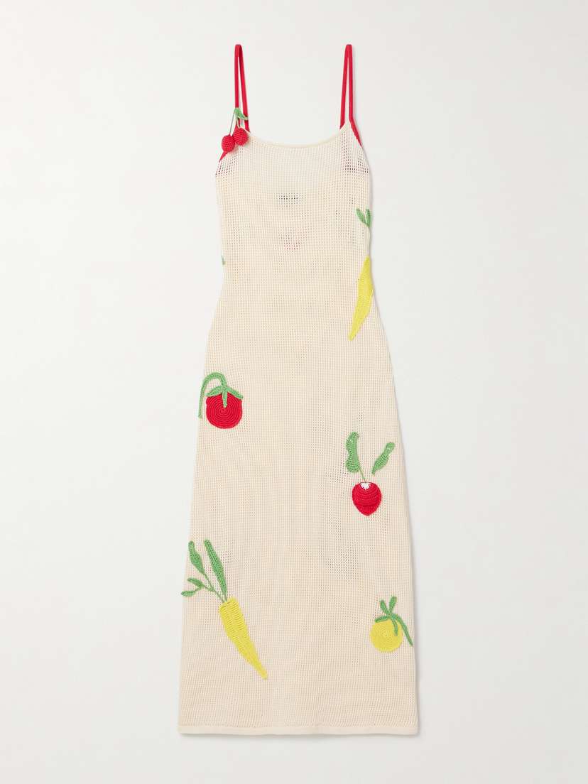 Staud Adeline Appliquéd Crocheted Cotton Midi Dress