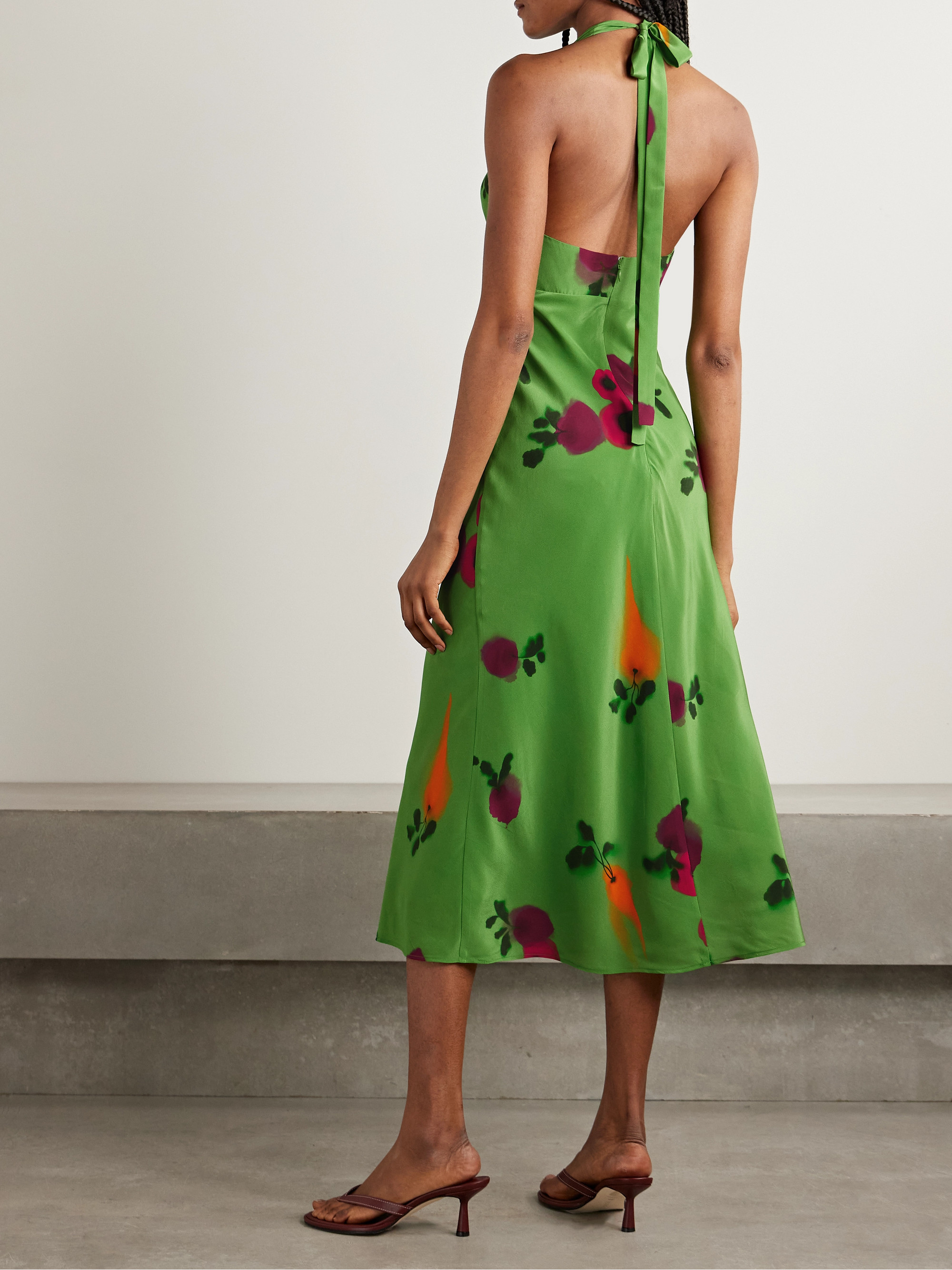 Staud Lucca printed silk-crepe halterneck midi dress thumbnail