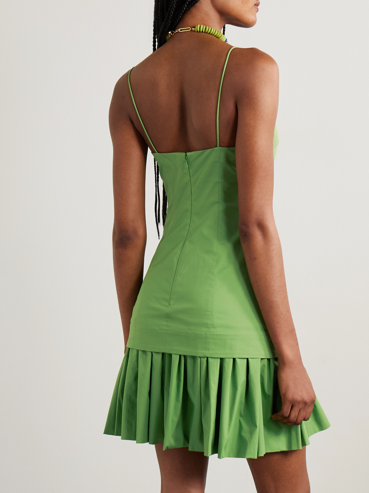 Staud Ari Gathered Cotton-blend Poplin Mini Dress In Green