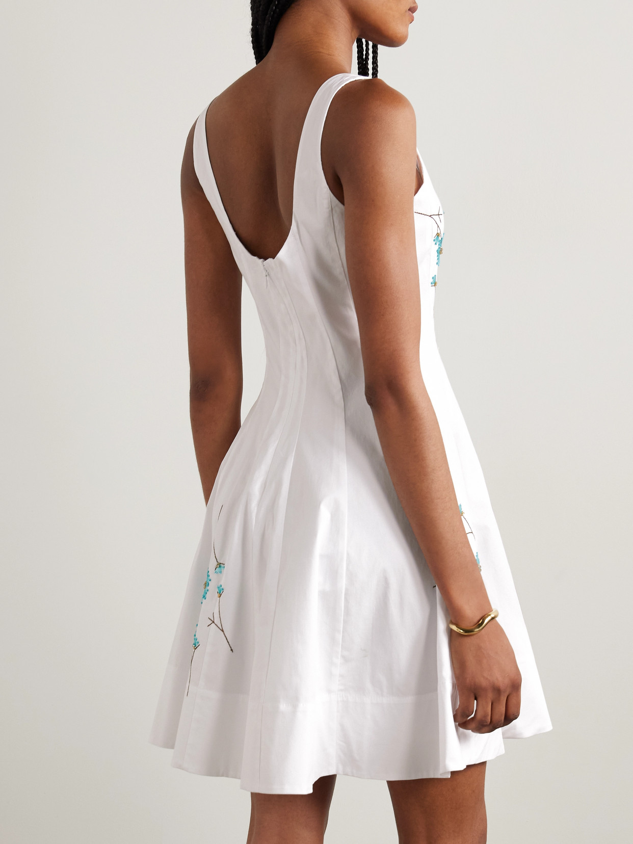 Staud Wells Pleated Embellished Cotton-blend Poplin Mini Dress In White