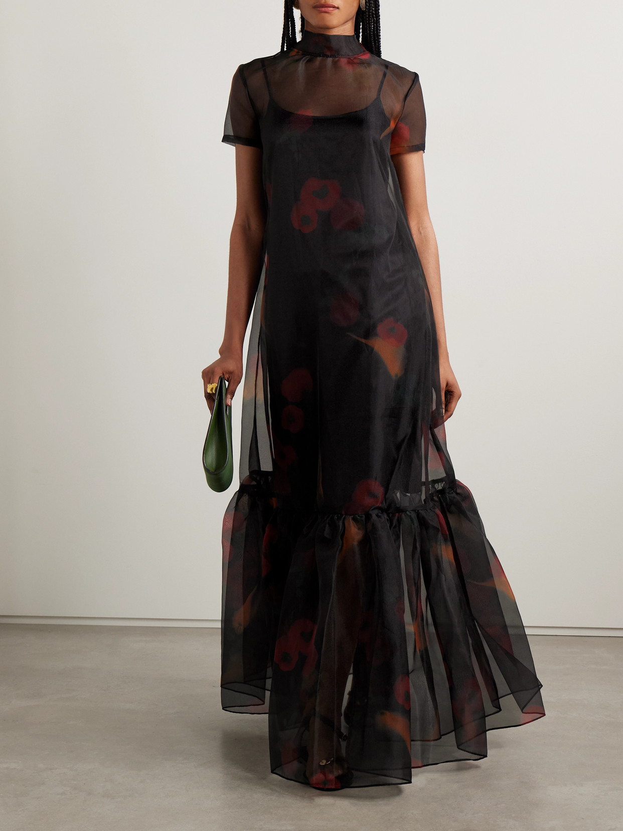 Staud Calluna Tie-neck Tiered Printed Organza Maxi Dress