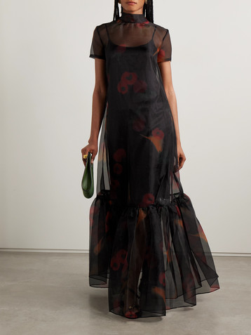 Staud Calluna tie-neck tiered printed organza maxi dress
