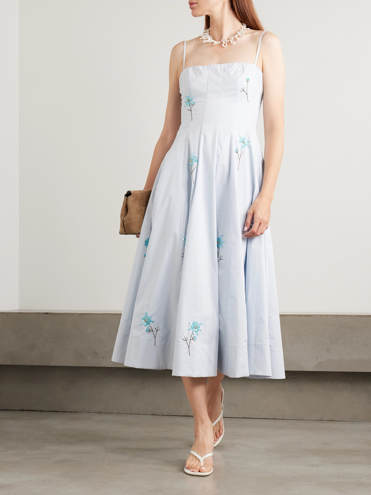 Staud Wylie Embellished Embroidered Cotton-blend Poplin Midi Dress In Blue
