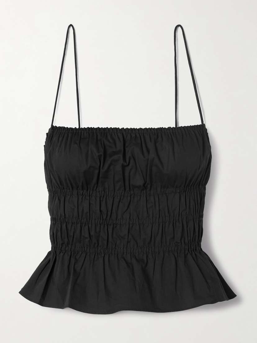 Staud Ayla Shirred Cotton-blend Poplin Peplum Top