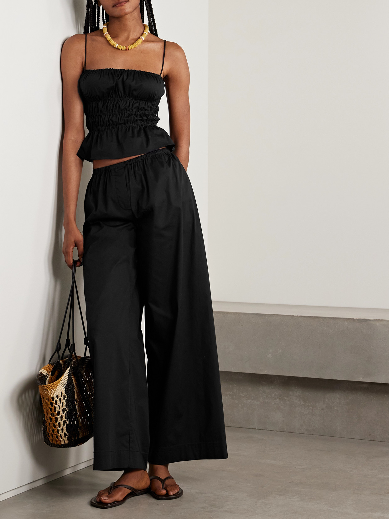 Staud Ayla Shirred Cotton-blend Poplin Peplum Top In Black