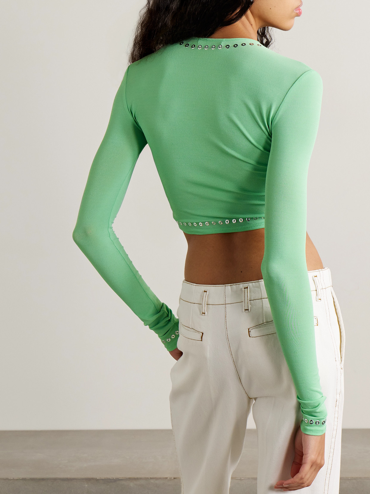 Rabanne Cropped Embellished Gathered Jersey Top In Green