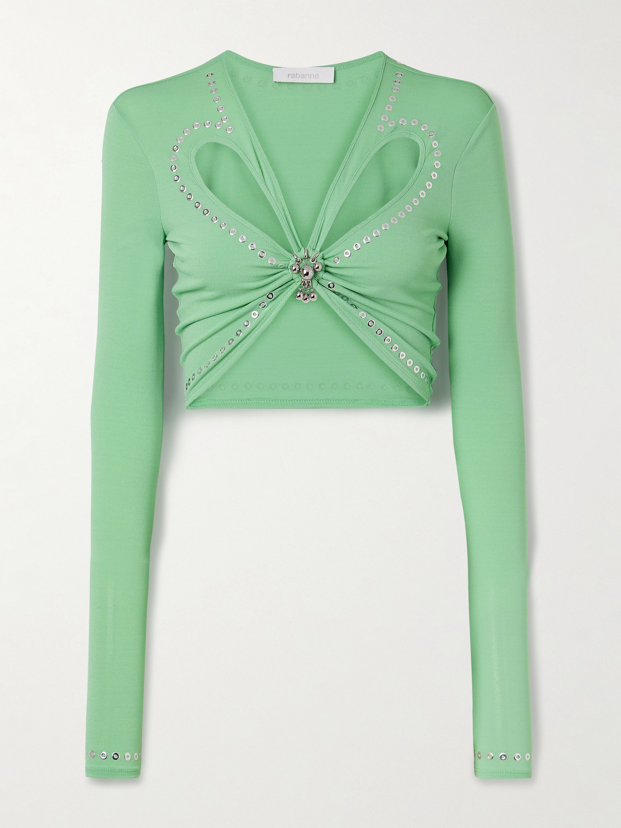 Rabanne Cropped Embellished Gathered Jersey Top In Green