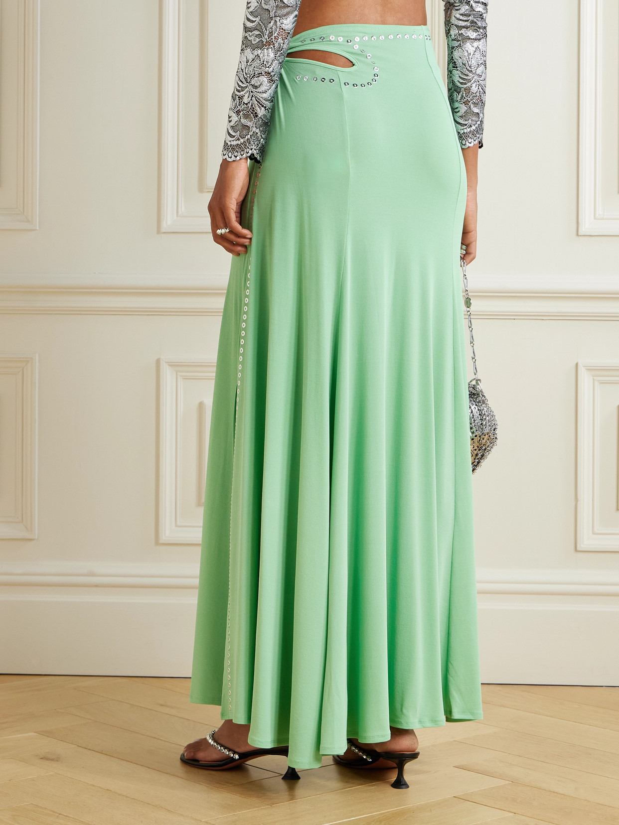 Studded Gathered Cutout Jersey Maxi