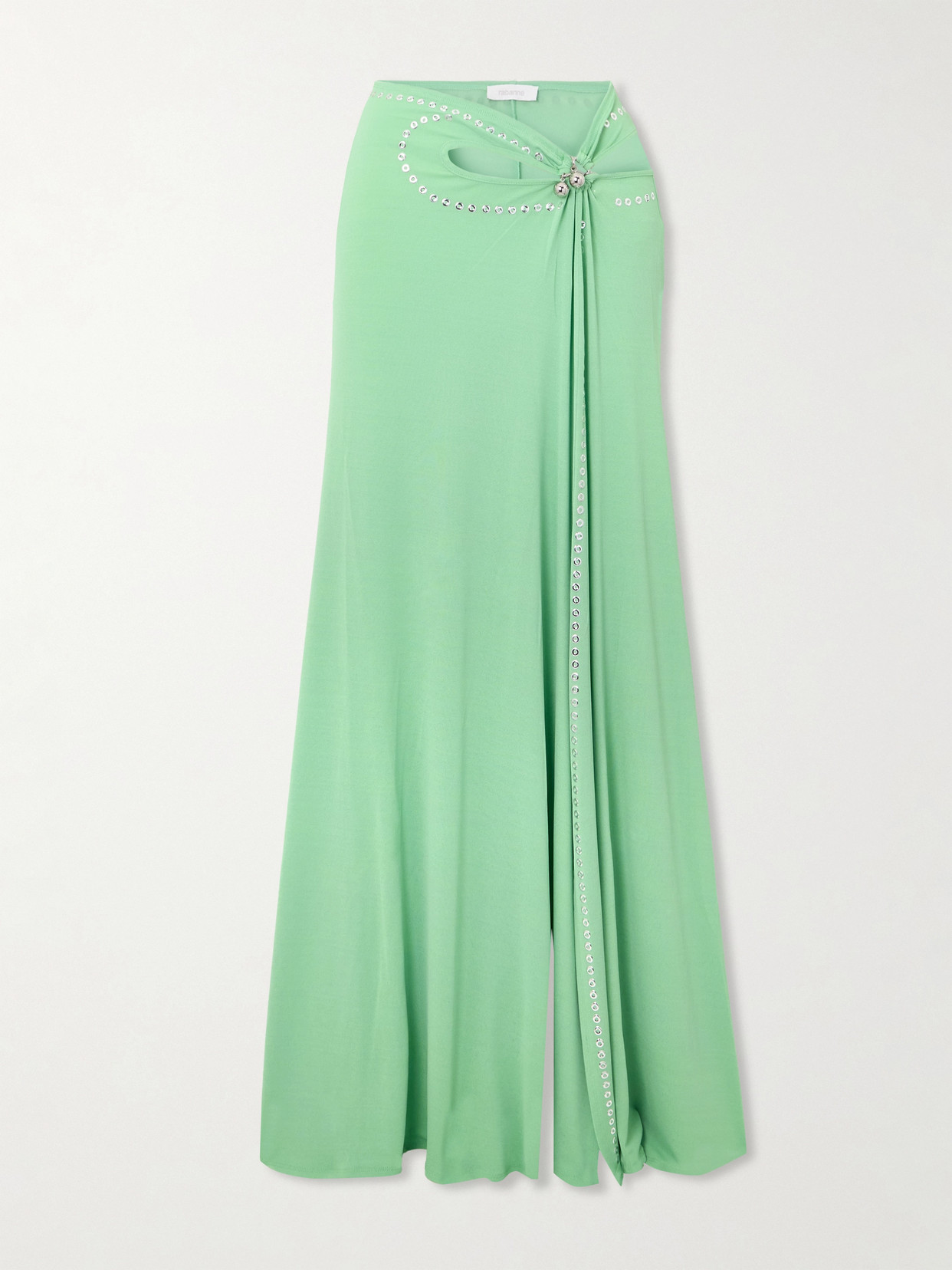 Rabanne Studded Gathered Cutout Jersey Maxi Skirt In Green