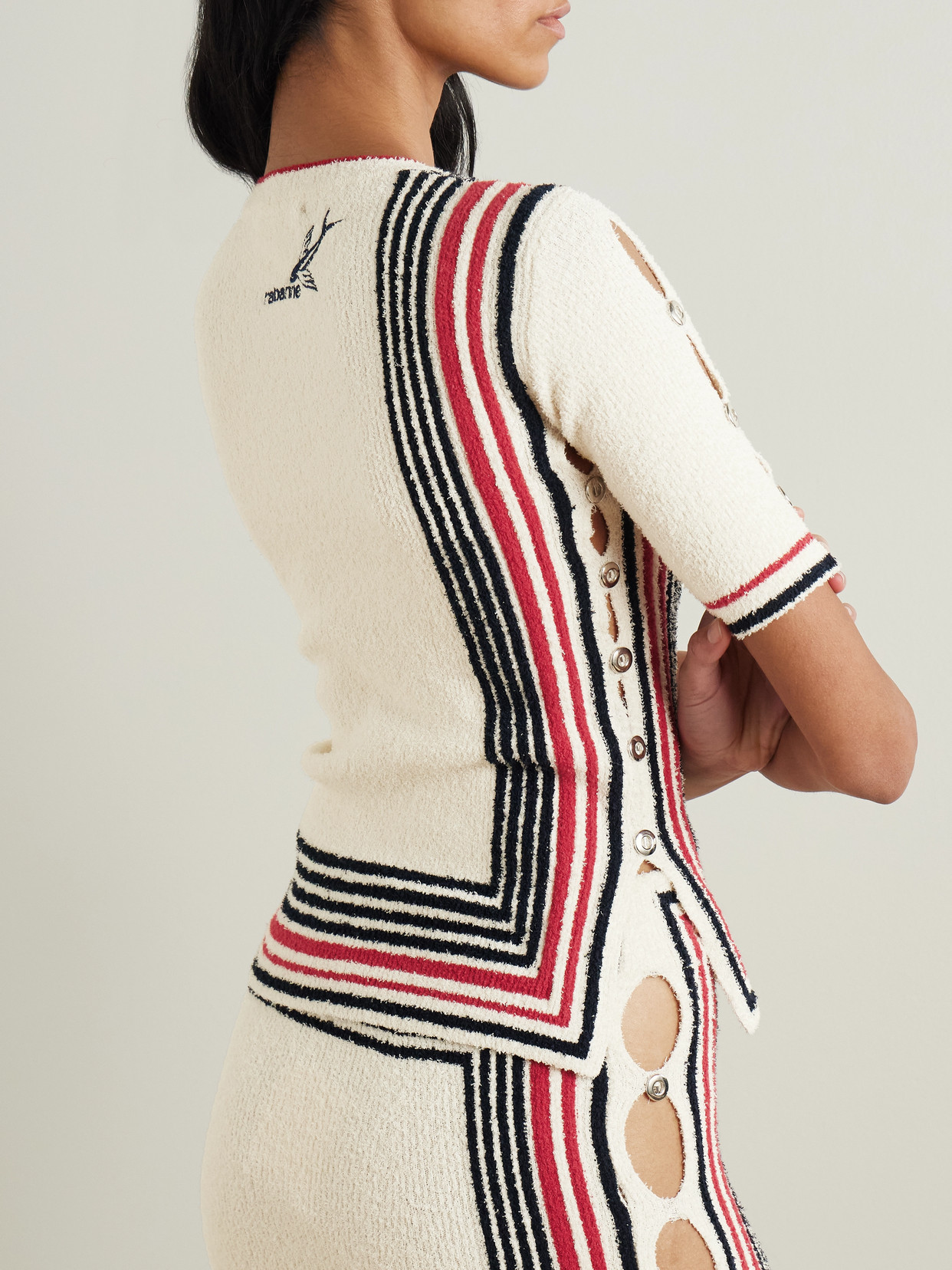 Rabanne Button-embellished Striped Cotton-blend Chenille Sweater In Gray