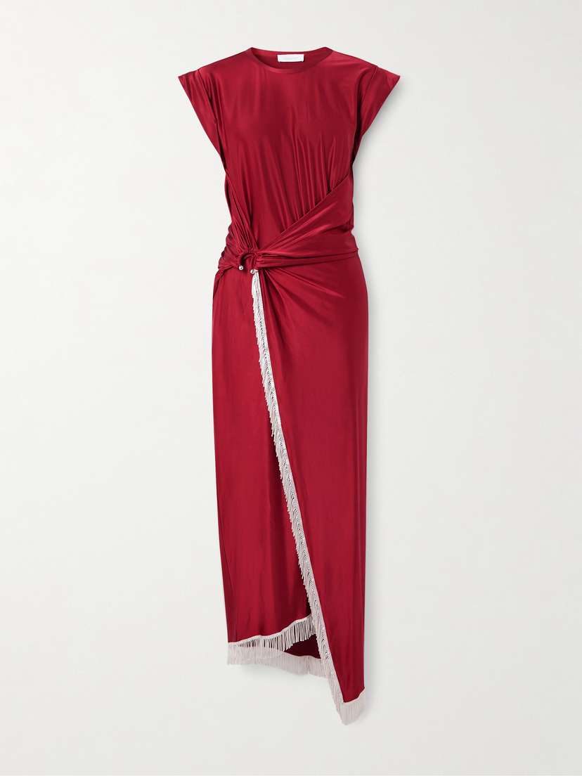 Rabanne Asymmetric Fringed Draped Satin-jersey Dress