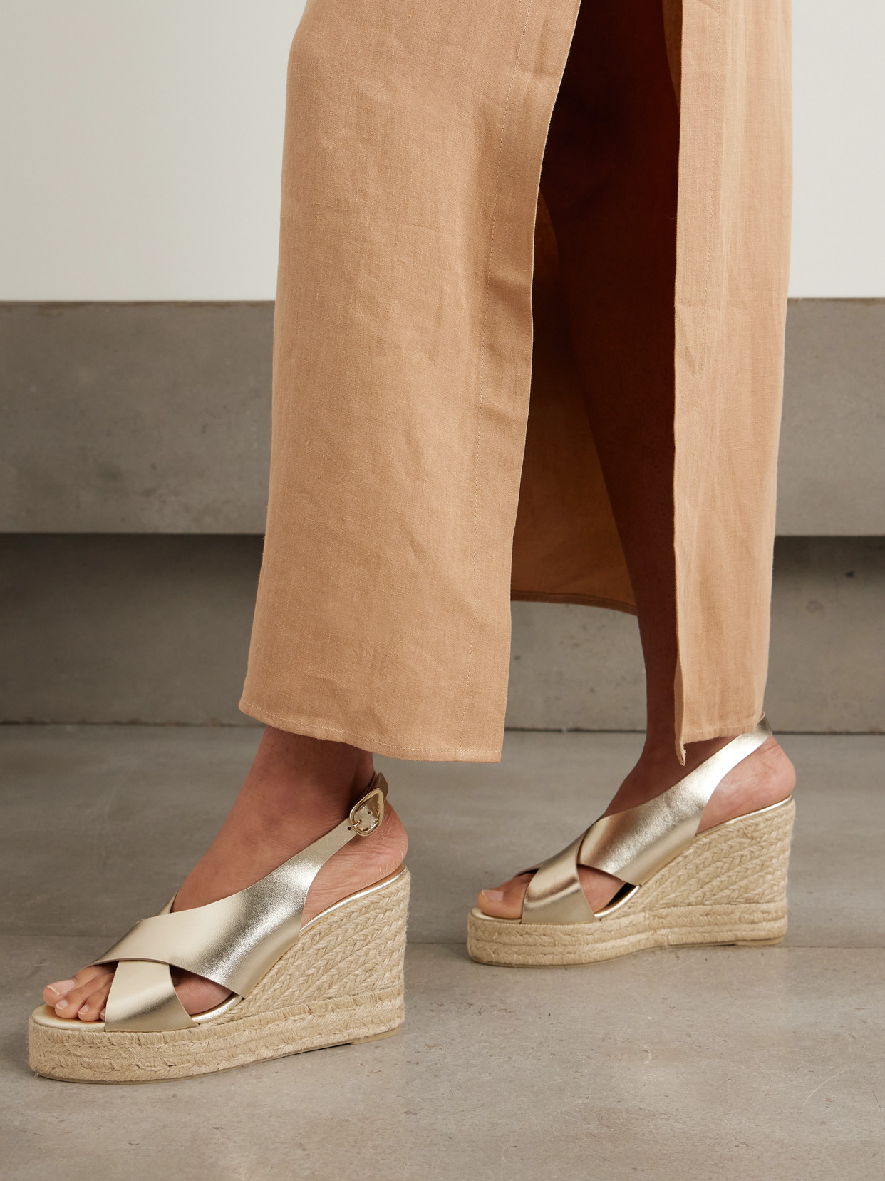 Ancient Greek Sandals Maria Metallic Leather Espadrille Wedge Sandals