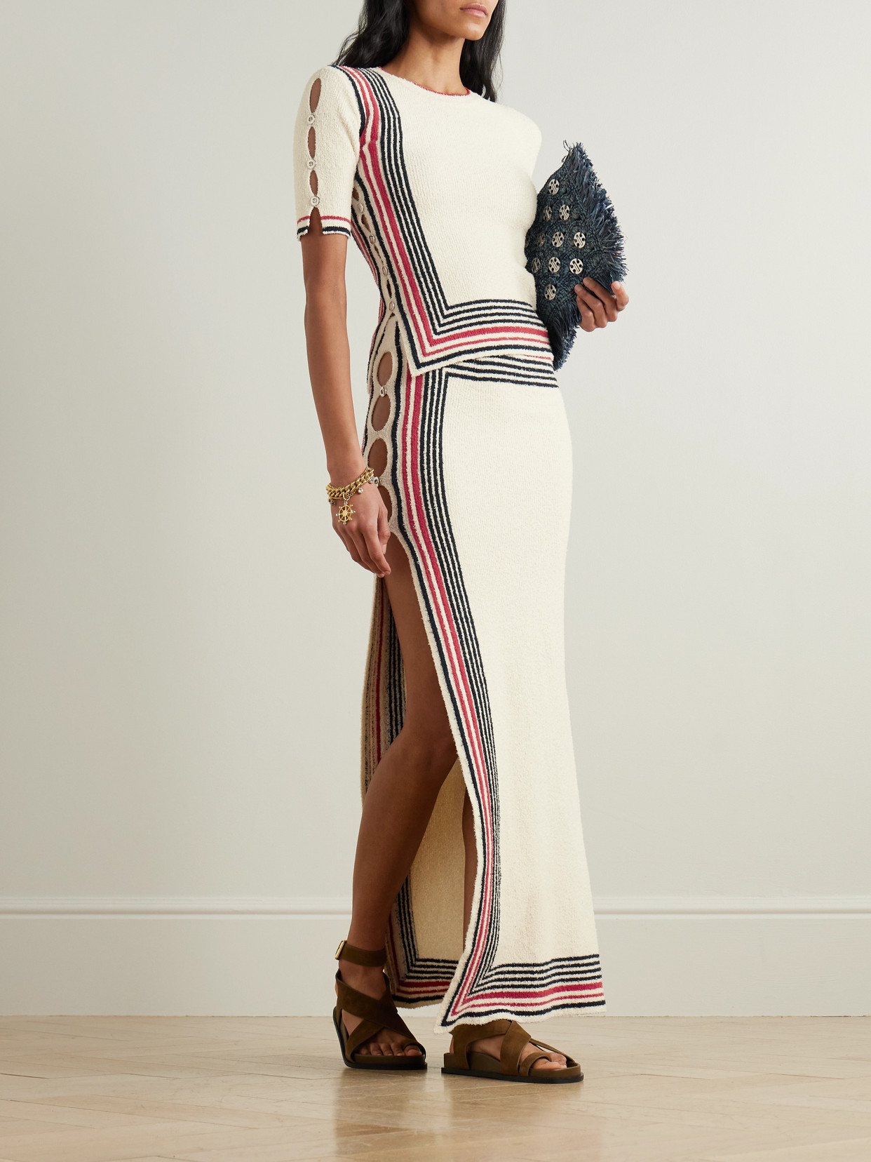 Rabanne Button-embellished Striped Cotton-blend Chenille Midi Skirt In Neutral