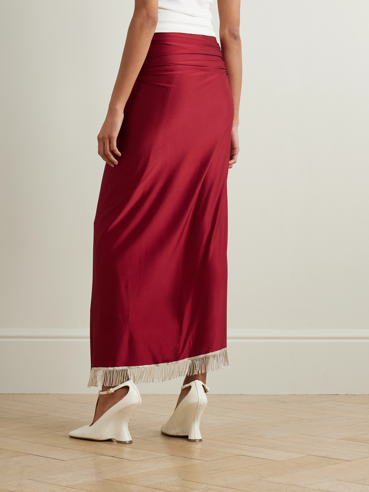 Fringed Embellished Satin-Jersey Midi