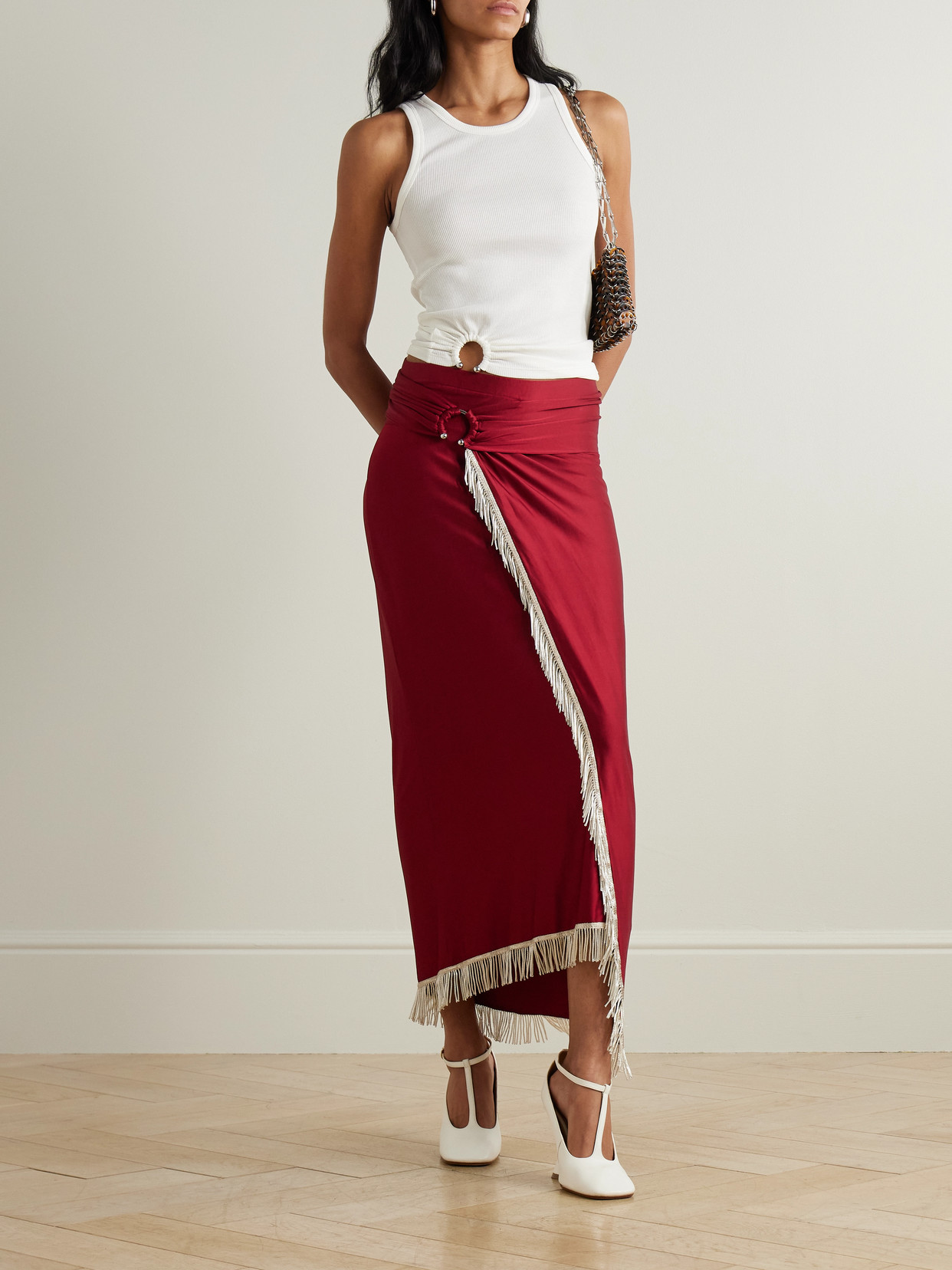 Fringed Embellished Satin-Jersey Midi