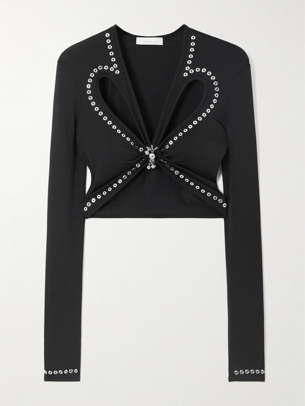 Rabanne Cropped Embellished Gathered Jersey Top In Black