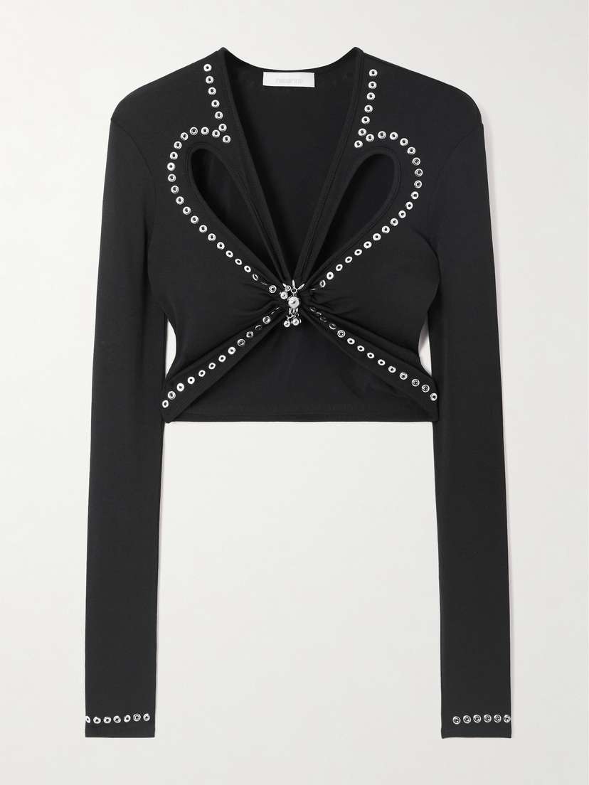 Rabanne Cropped Embellished Gathered Jersey Top