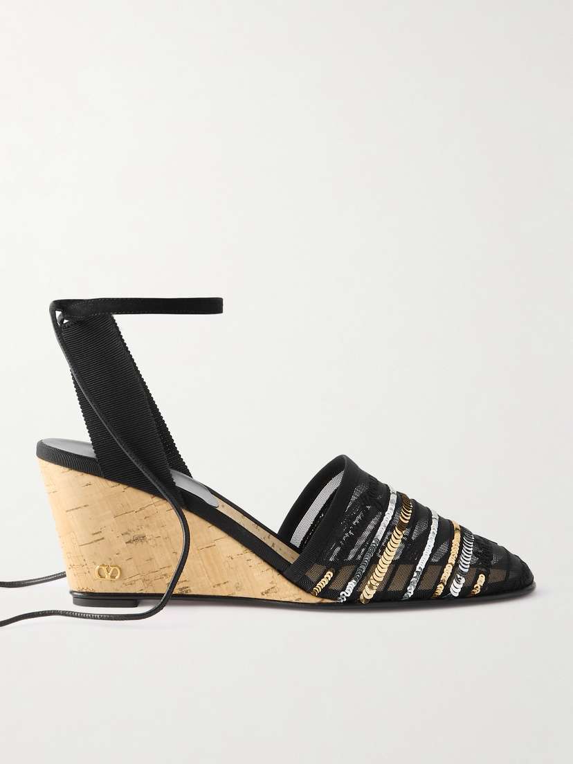 Valentino Garavani — La Cruisette 75 tasseled sequin-embellished embroidered mesh wedges