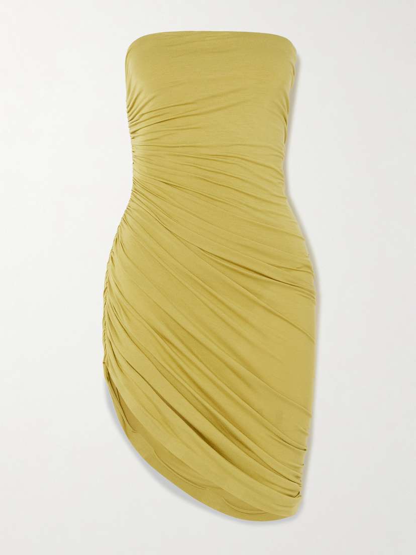 Norma Kamali Diana Strapless Asymmetric Ruched Stretch-jersey Mini Dress